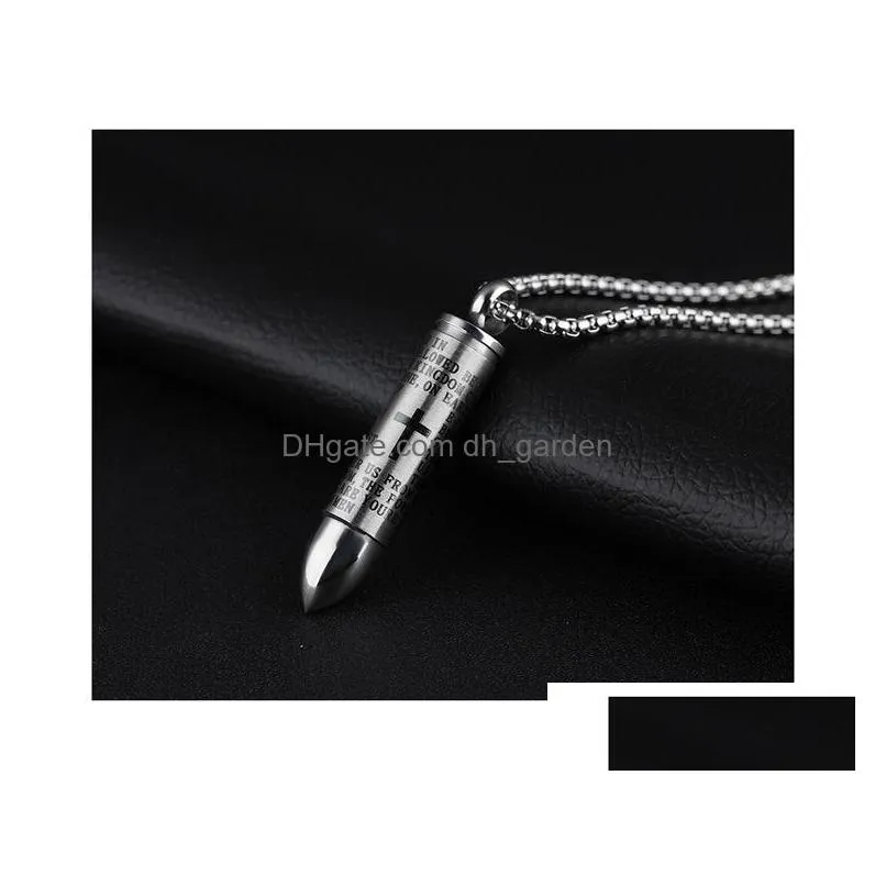 stainless steel bullet pendant necklace for men creative religion engraved cross lord bible prayer necklace personality unscrewed