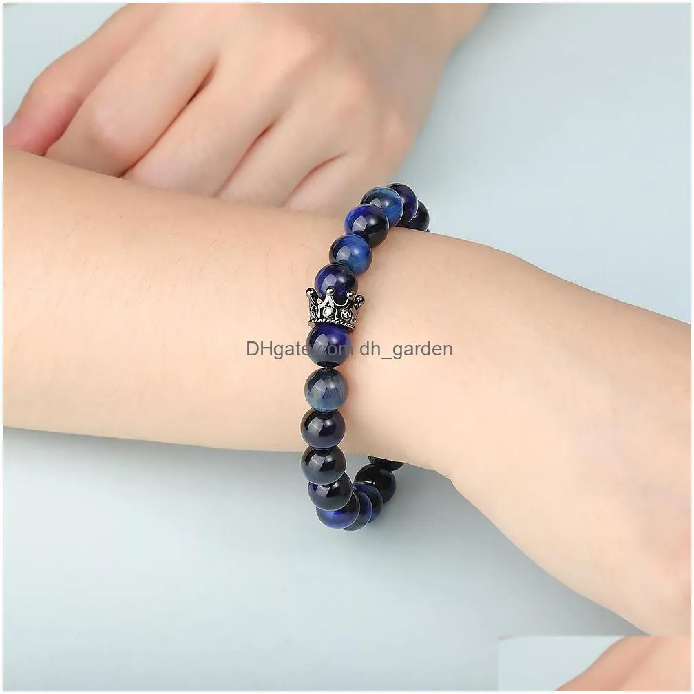 8mm fashion beads crown charm bracelet for men women agate tiger eye lava natural stone yoga handmade couple bracelet jewelry gift