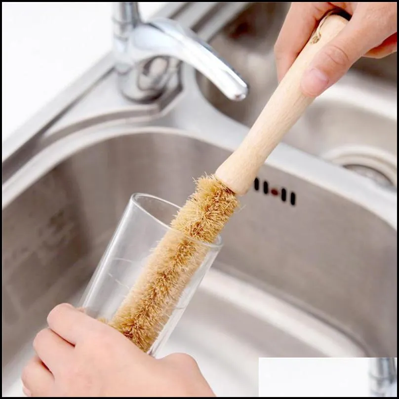 natural coconut palm brush wooden hand cup brush long handle pot glass bottle brush kitchen tableware cleaning tool
