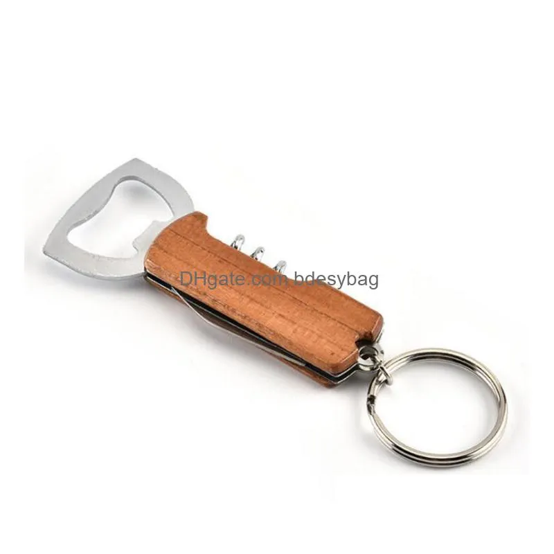 openers wooden handle bottle opener keychain knife pulltap double hinged corkscrew stainless steel key ring openers bar hhf892