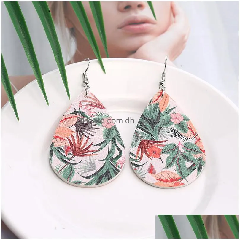 design print flower drop earrings faux leather dangle earring geometric statement dog claw waterdrop earring for women lady jewelry gift