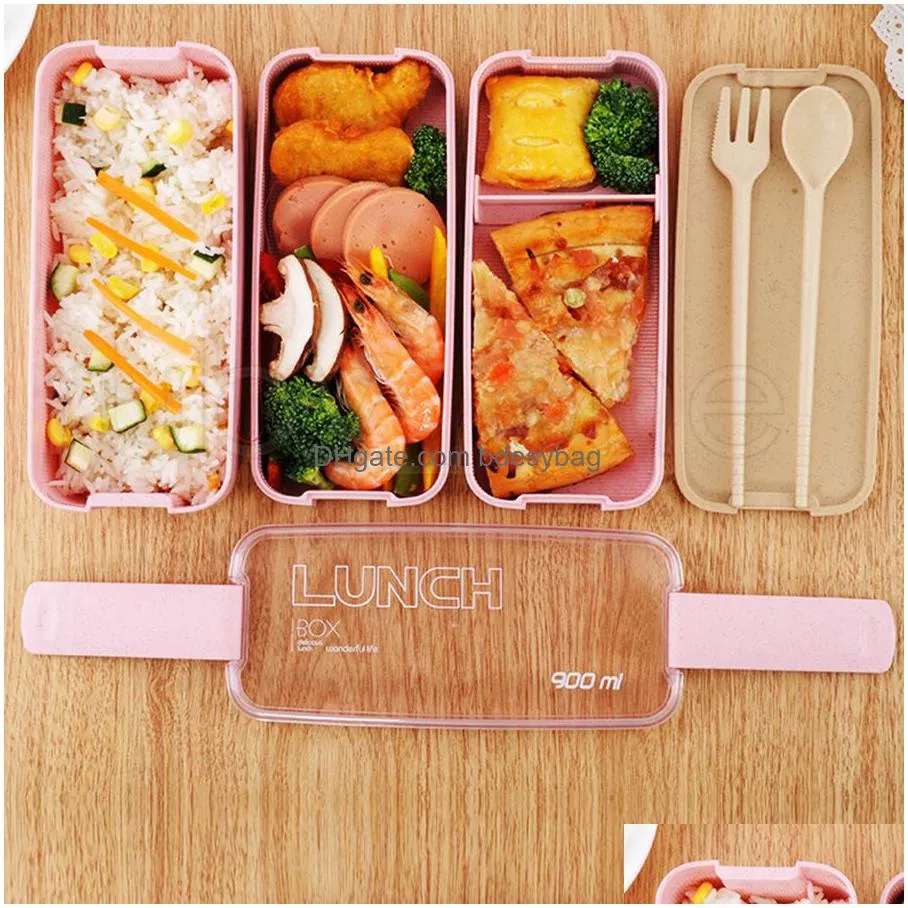 lunch box 3 grid wheat straw bento transparent lid food container for work travel portable student lunch boxes containers rra4404