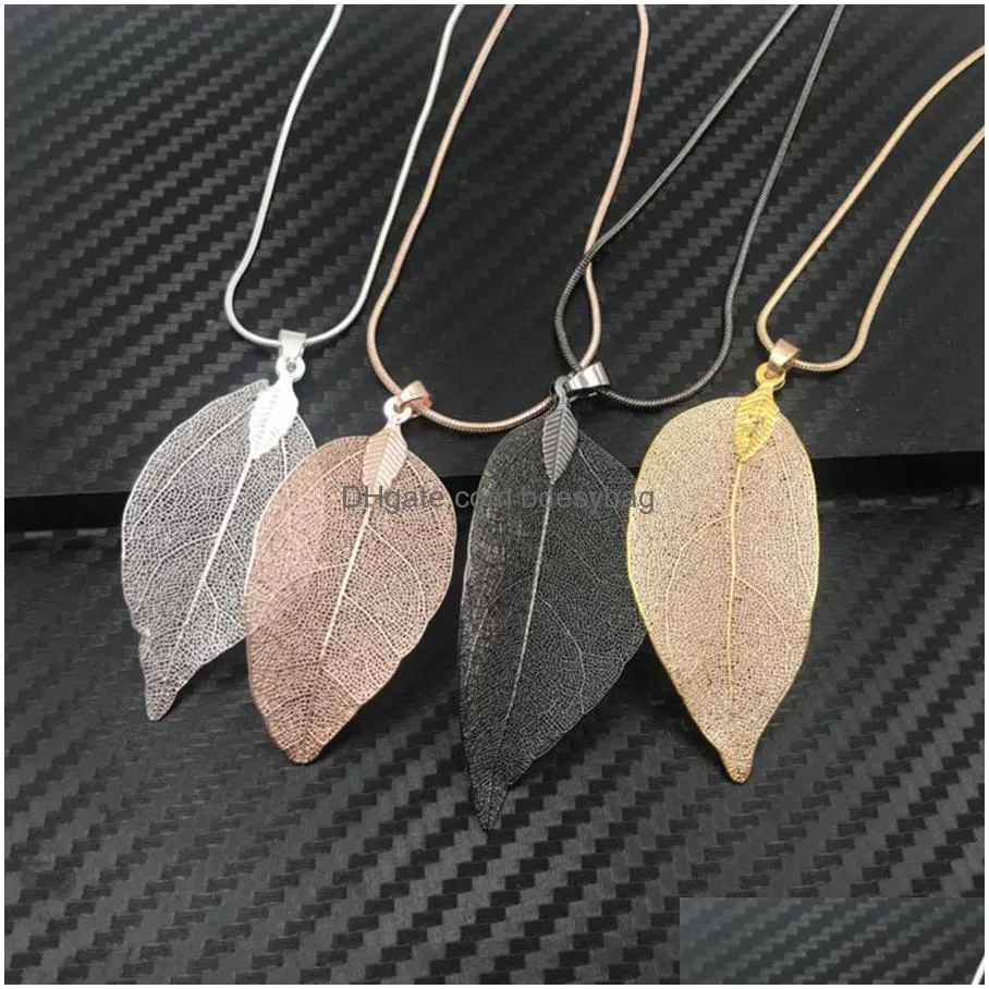 fashion leaf jewelry necklace rose gold color chain real leaf charm design pendant necklaces for women gift party favor rra2282