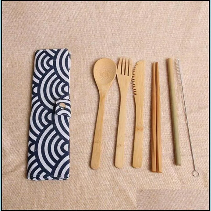 bamboo chopsticks fork spoon and straw dinnerware set bamboo flatware cutlery set with cloth bag knives fork spoon 7 pcs/set