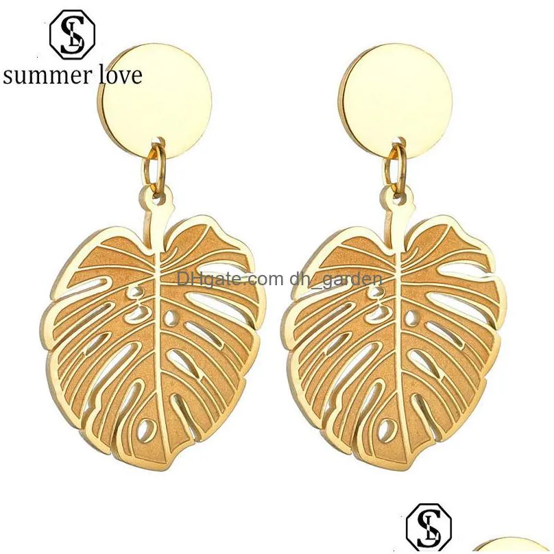 high quality stainless steel leaf drop earrings exaggerated gold color statement earrings for women fashion dangle jewelry 2020z