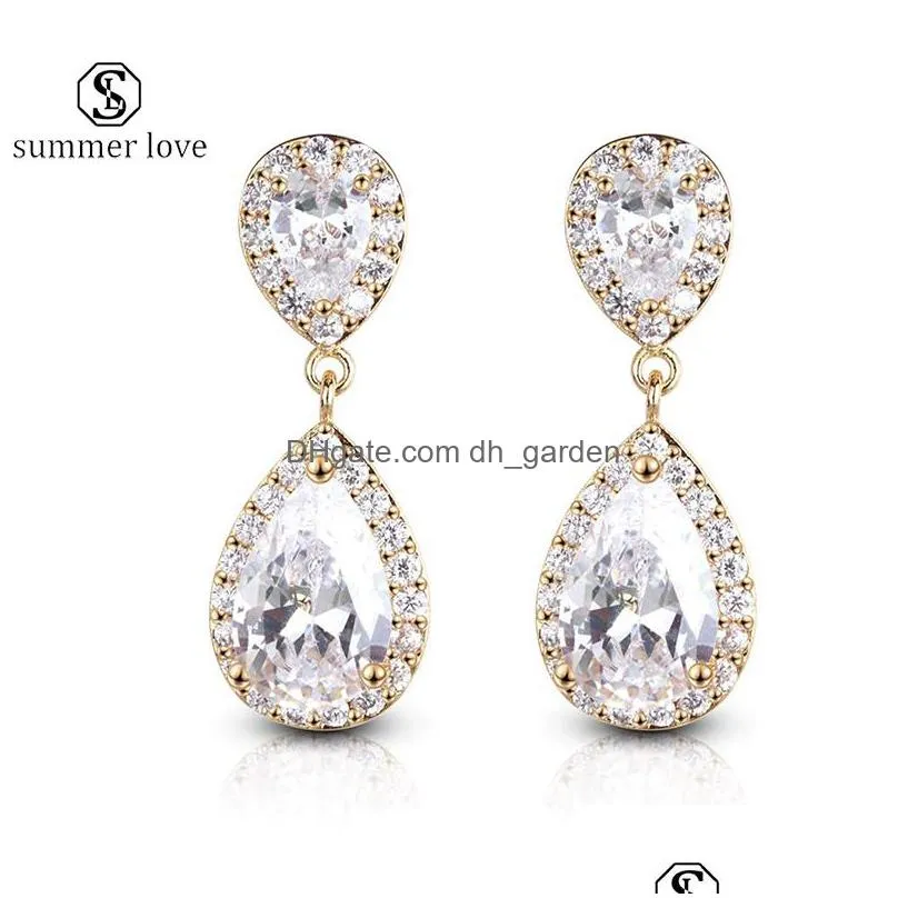 trendy waterdrop cubic zirconia dangle earring cz gold silver drop earring elegant bride bridesmaid wedding party jewelry gift for
