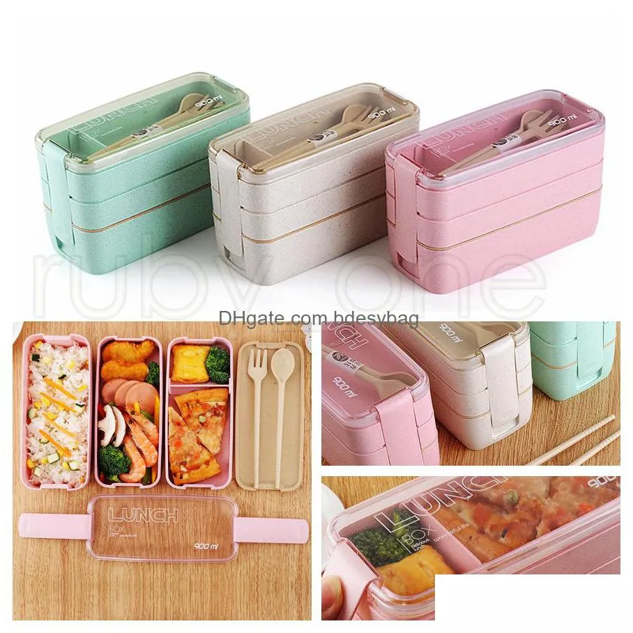lunch box 3 grid wheat straw bento transparent lid food container for work travel portable student lunch boxes containers rra4404