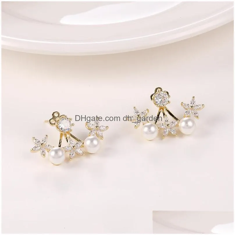 925 sterling silver zircon pearl leaves flower stud earrings silver/gold color fashion zircon crystal jewelry for women statement