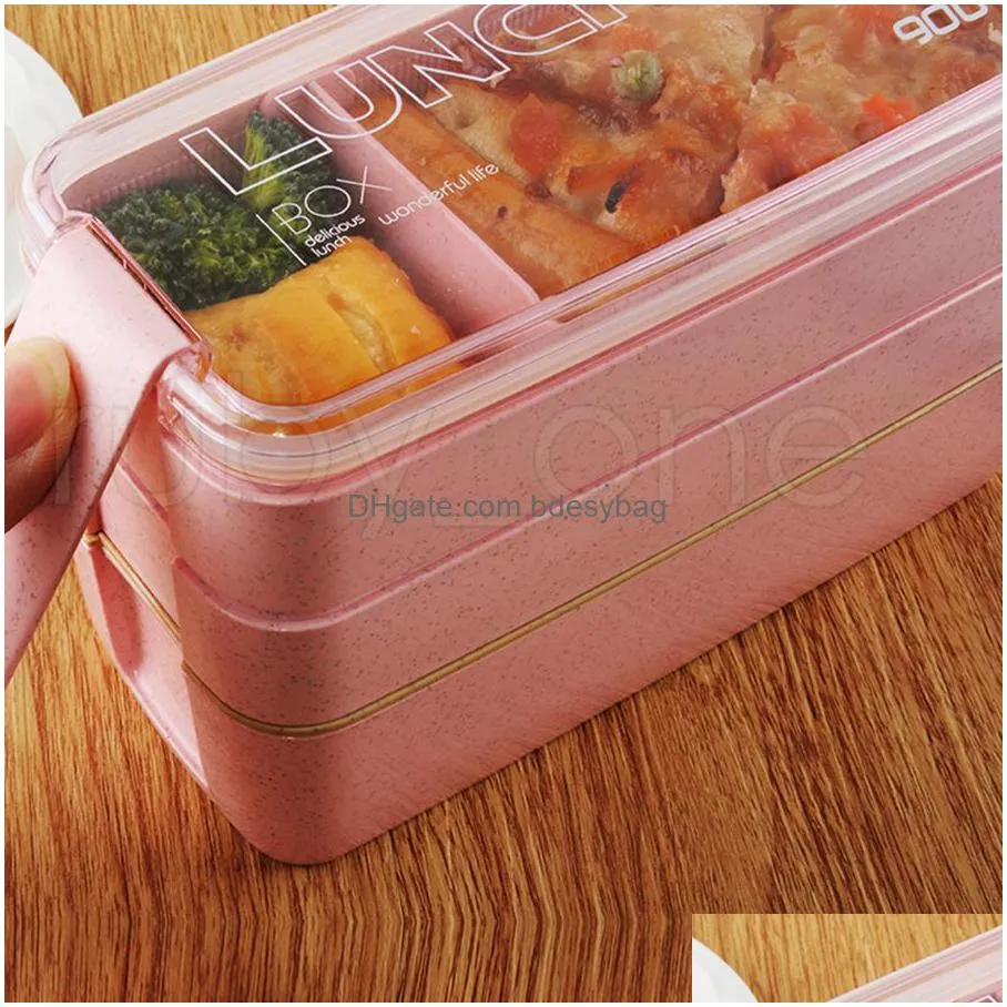 lunch box 3 grid wheat straw bento transparent lid food container for work travel portable student lunch boxes containers rra4404