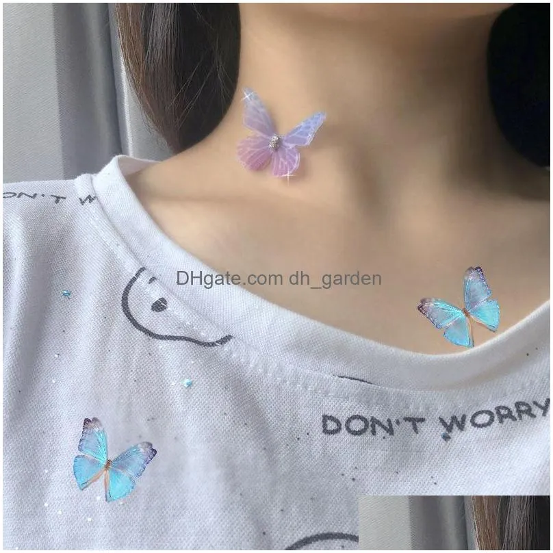 new fashion colorful 3d double tulle butterfly chokers necklace for women crystal invisible fish line silk necklaces silver chain gift