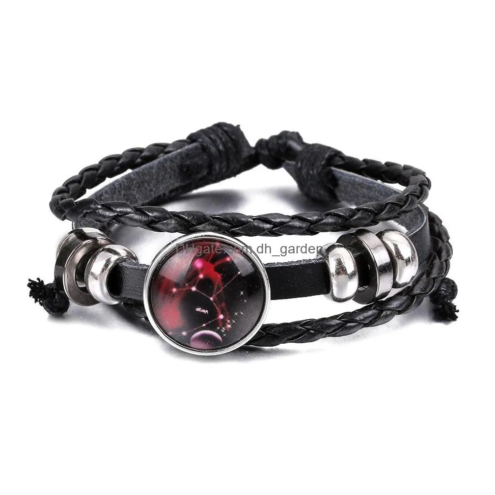 12 constellations bracelet leather bracelet zodiac signs punk bracelet silver adjustable trendy black wax rope chain for meny