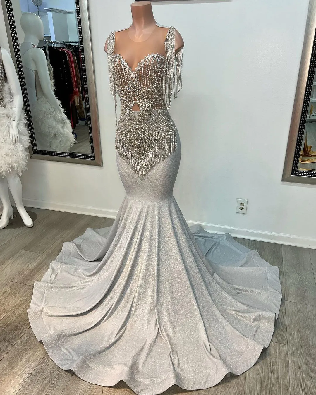 2023 Arabic Aso Ebi Silver Mermaid Prom Dress Beaded Crystals Evening Formal Party Second Reception Birthday Engagement Gowns Dresses Robe De Soiree ZJ2676