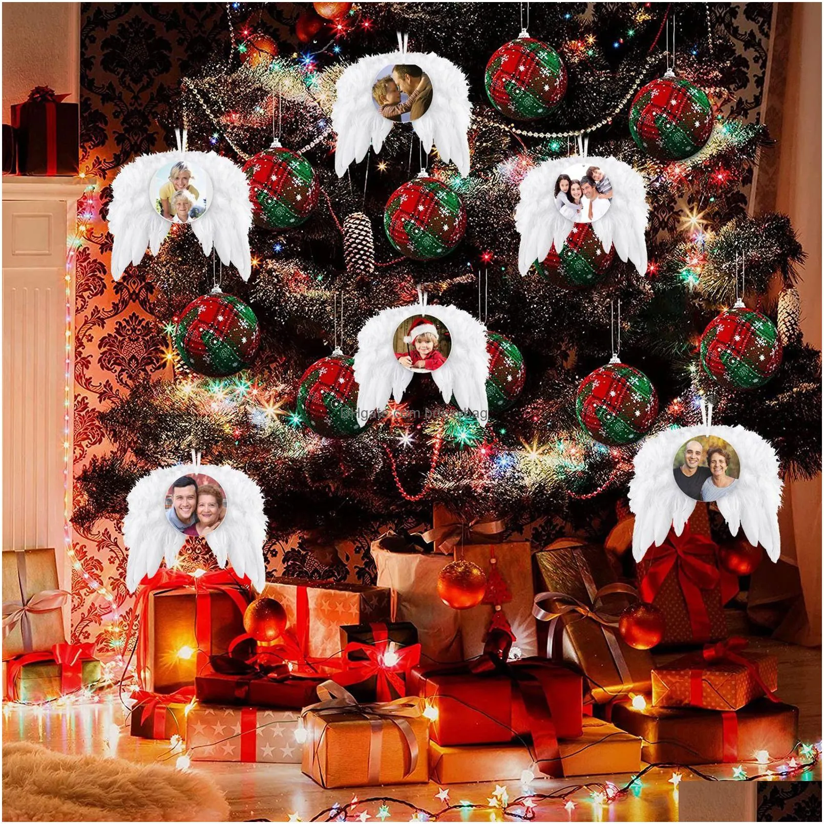 heat transfer angel wings christmas decoration feathers pendant round and heart double layer diy christmas tree hanging tag rrc212