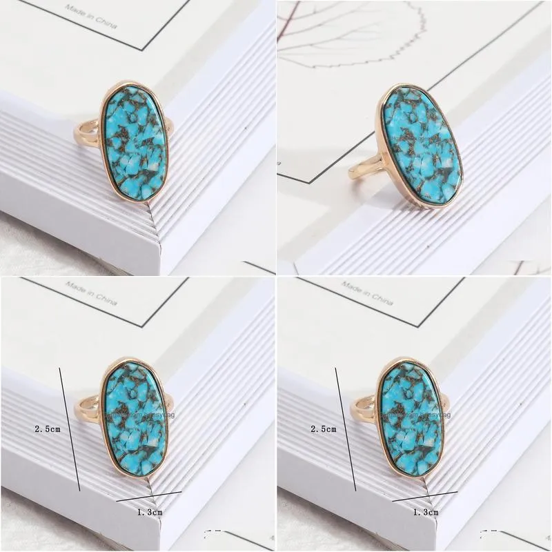 fashion oval hexagon turquoise kallaite healing crystal ring blue stone geometric gold plated finger rings for women jewelry gift