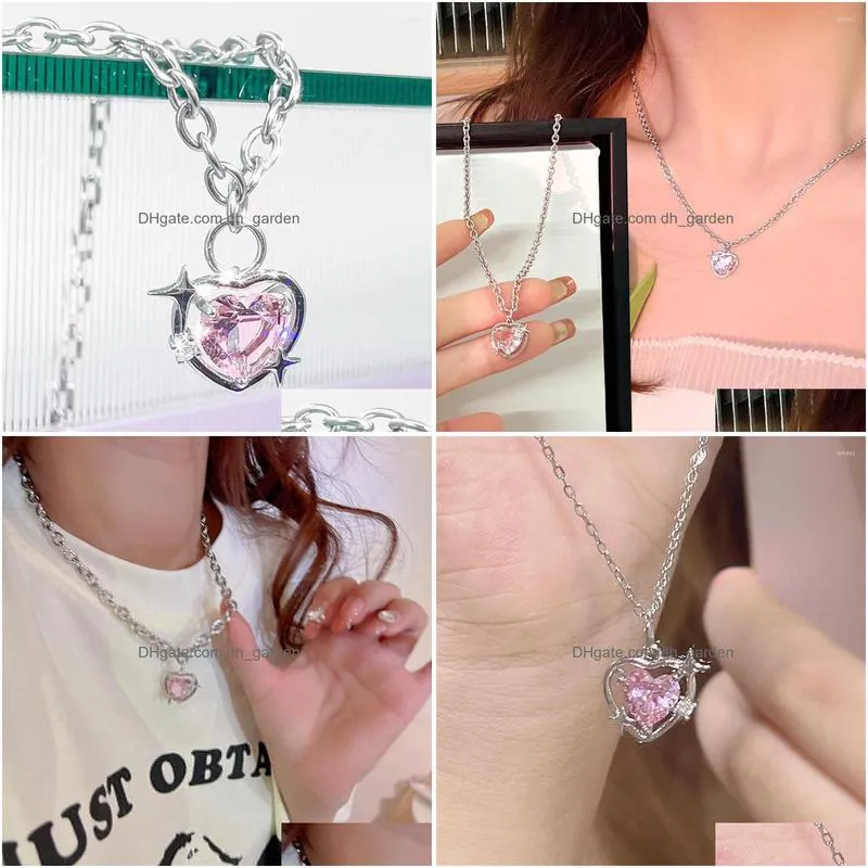 pendant necklaces fashion peach heart necklace jewelry pink crystal love clavicle chain cool girl aesthetic y2k accessories