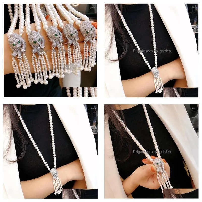 chains white 89mm natural freshwater pearl jewelry sweater chain necklace leopard head inlay zircon 56mm tassel