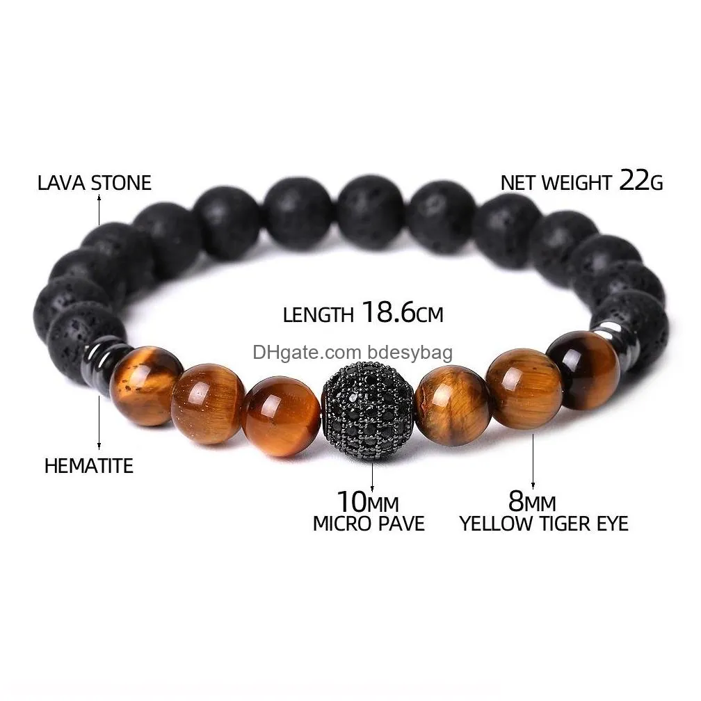 cz ball natural stone beaded men handmade bracelet 8mm turquoise tiger eye buddha lava beads bracelets women jewelry gift