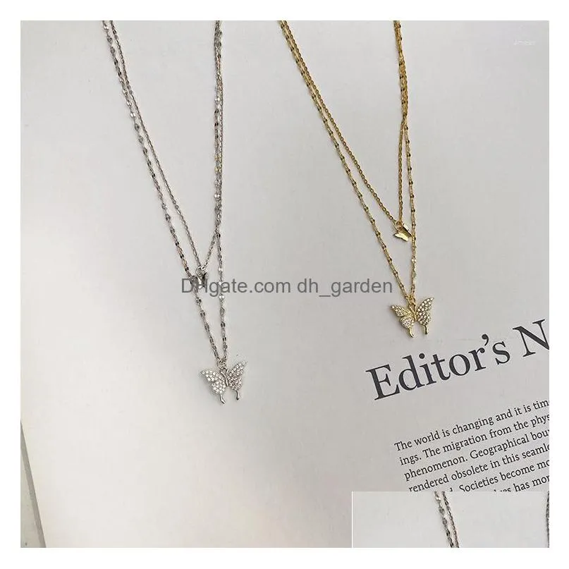 pendant necklaces women butterfly rhinestone necklace wedding party jewelry gift fashion exquisite double layer chain