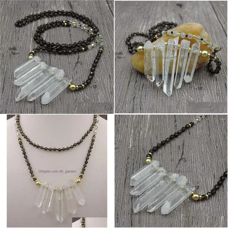pendant necklaces 5 gradual natural clear crystal point 4mm smoke quartz round beads knot handmade 30inch 40inch