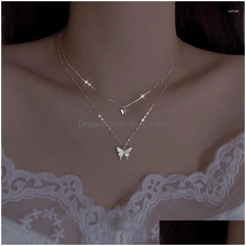 pendant necklaces shiny butterfly charm necklace ladies exquisite double layer clavicle chain for women girl jewelry gift
