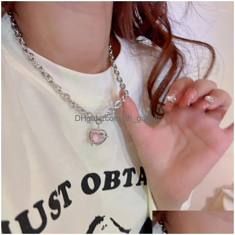 pendant necklaces fashion peach heart necklace jewelry pink crystal love clavicle chain cool girl aesthetic y2k accessories