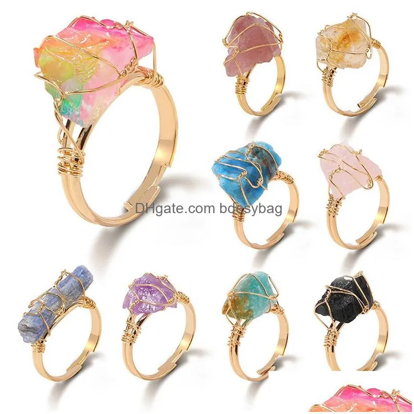 wire wrap raw healing natural stone druzy crystal rings gold adjustable amethyst lapis pink quartz women ring party wedding jewelry