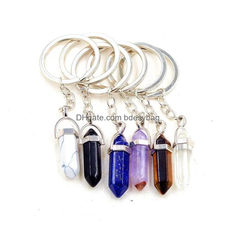 healing reiki chakra carved hexagon natural stone key rings pendant keychain crystal chakras quartz chains jewelry accessories