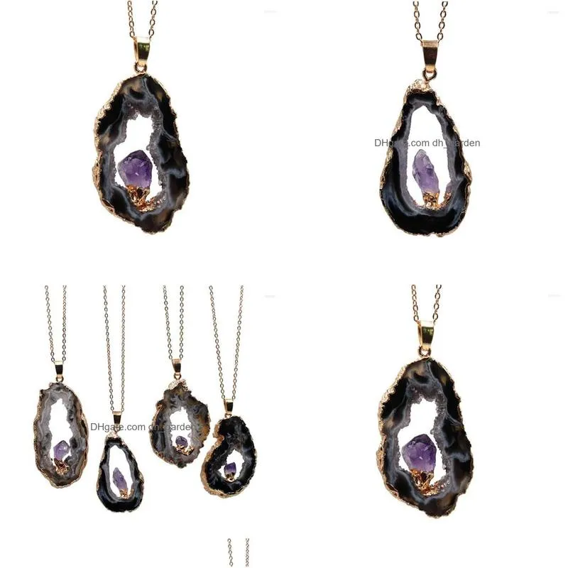 pendant necklaces fyjs unique light yellow gold color irregular shape agates geode necklace with amethysts crystal jewelry
