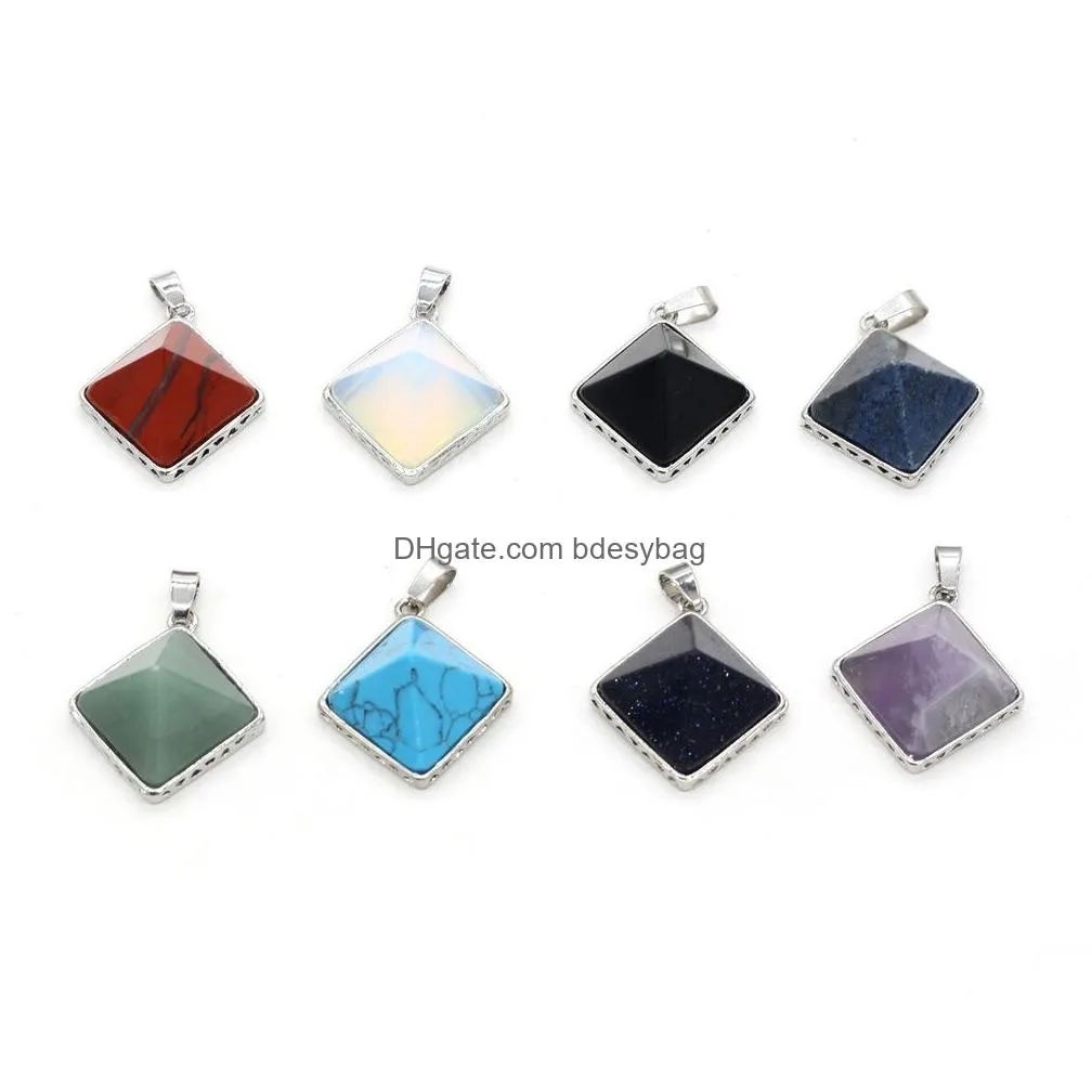 fashion pyramid shape natural stone charms rose quartz turquoise lapis lazuli pendant geometry healing crystal dangle brand jewelry for