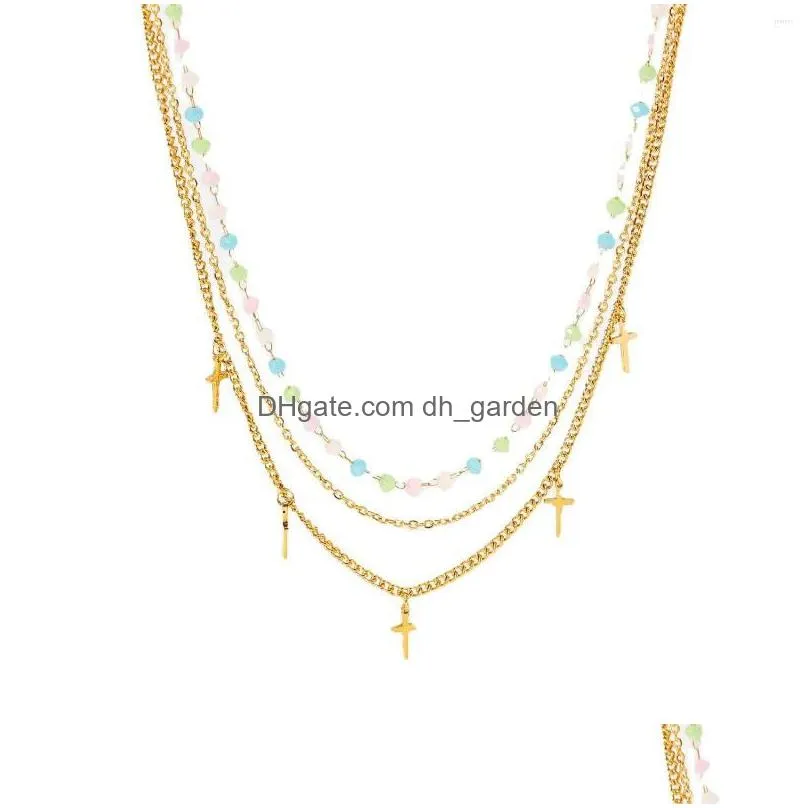 chains dearlife ig golden plated stainless steel necklace colorful stone round bead chain cross tassel pendant triple