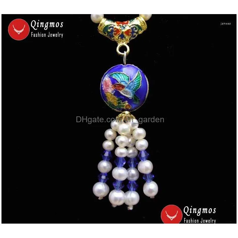 pendant necklaces qingmos natural pearl necklace for women with 56mm white round 18mm blue cloisonne fine jewelry 18