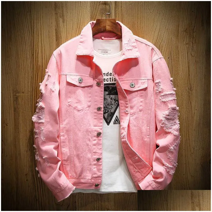 denim jacket men ripped holes mens pink jean jackets garment washed mens denim coat designer clothes x0710