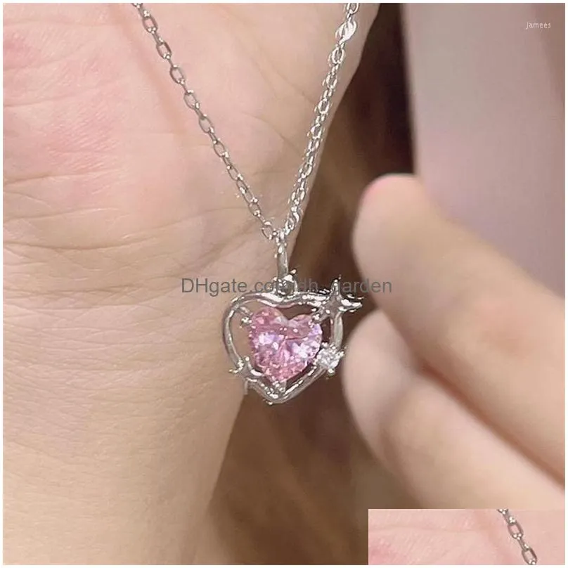 pendant necklaces fashion peach heart necklace jewelry pink crystal love clavicle chain cool girl aesthetic y2k accessories