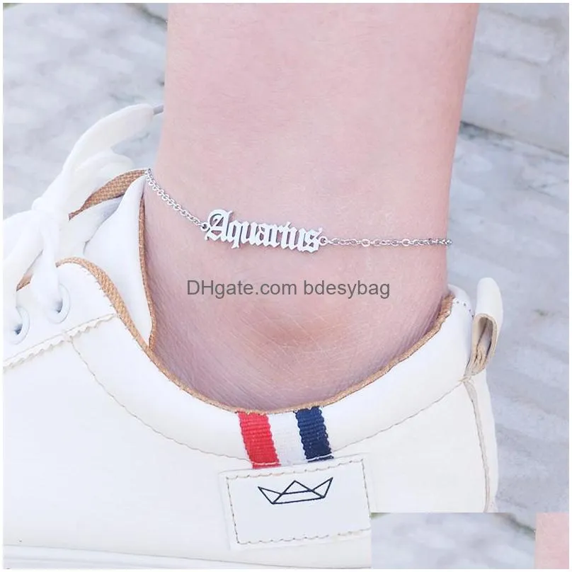 zodiac sign punk charm anklets 12 constellation letter ankle bracelet stainless steel jewelry women gift