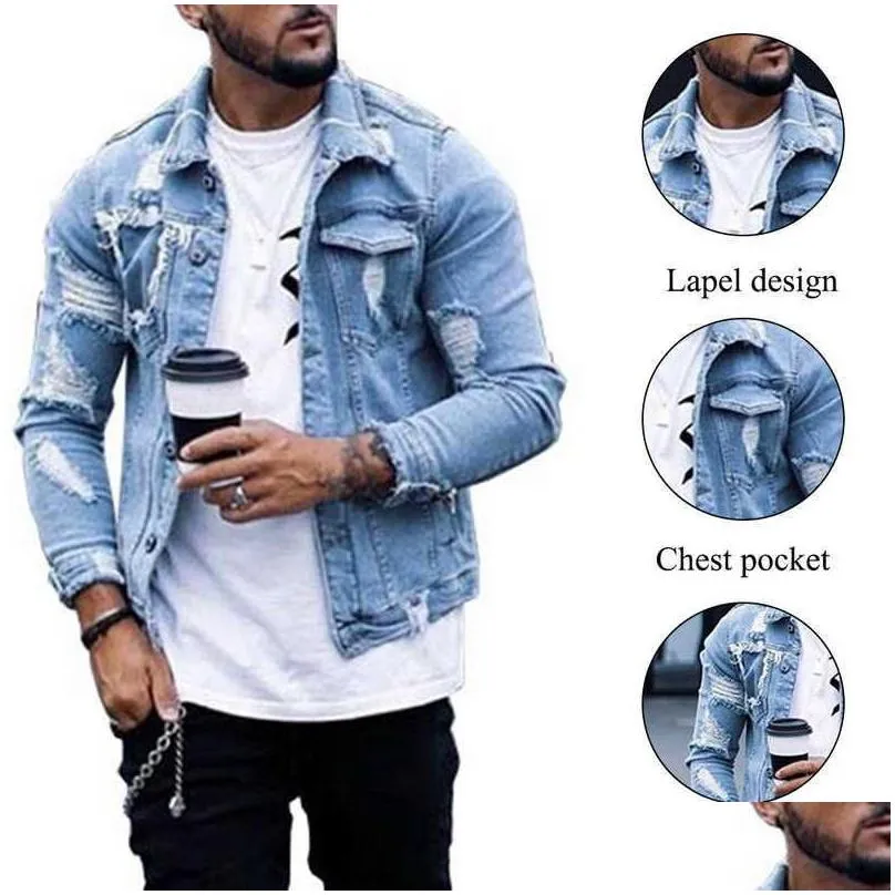 adisputent men jeans coat 2021 autumn mens jacket fashion casual denim jacket men plus size blue color lapel ripped jean jacket x0710