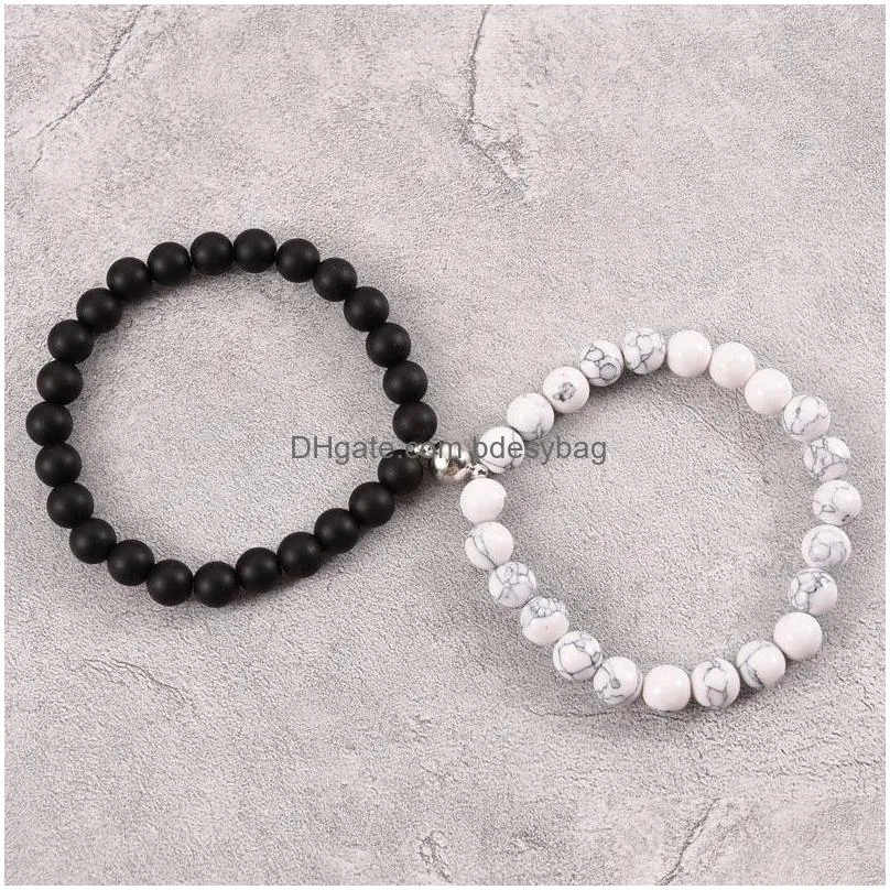 lover chic magnet friendship bracelets for couples 8mm pink white black stone stretchy rope beaded bracelet statement jewelry gifts