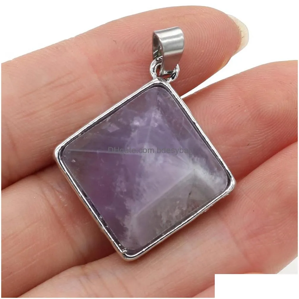 fashion pyramid shape natural stone charms rose quartz turquoise lapis lazuli pendant geometry healing crystal dangle brand jewelry for