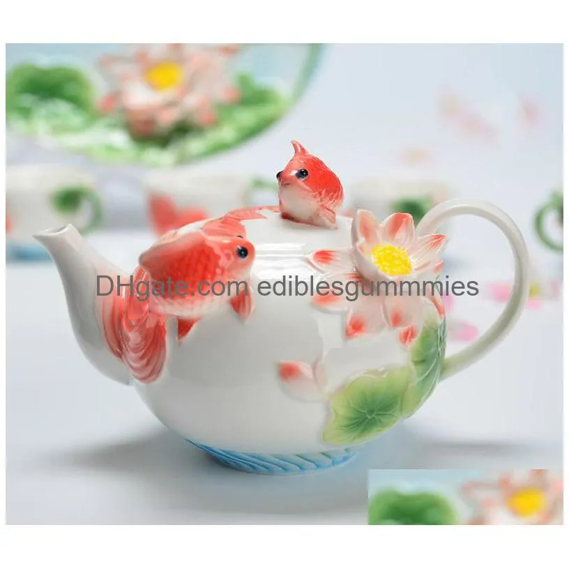 ceramic fish teapot with handle jingdezhen enamel porcelain restaurant teapot