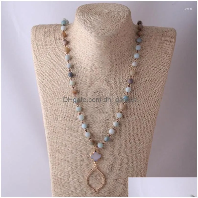 pendant necklaces fashion frosted amazonite stones rosary chain circle metal tassel mala necklace handmade women jewelry