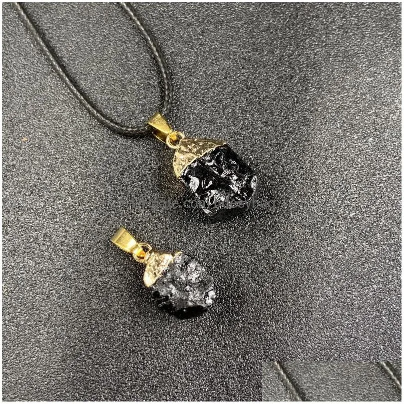 healing irregular crystal rough stone pendant rope black chain for women men pendants necklace craft gift