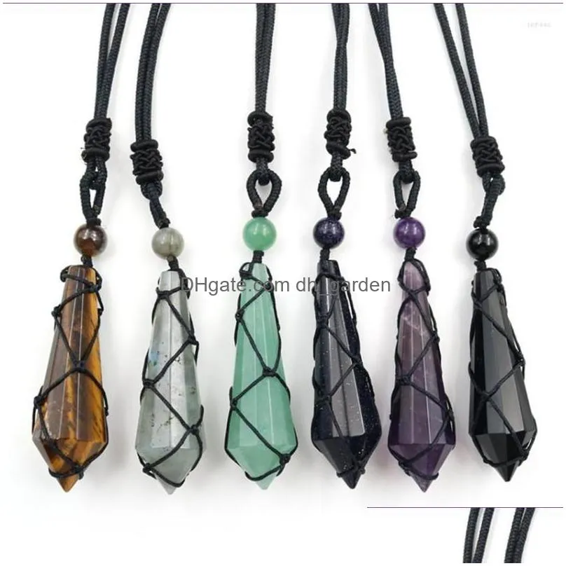 pendant necklaces fyjs unique handmade weave hexagon prism amethysts stone rope chain necklace rock crystal jewelry