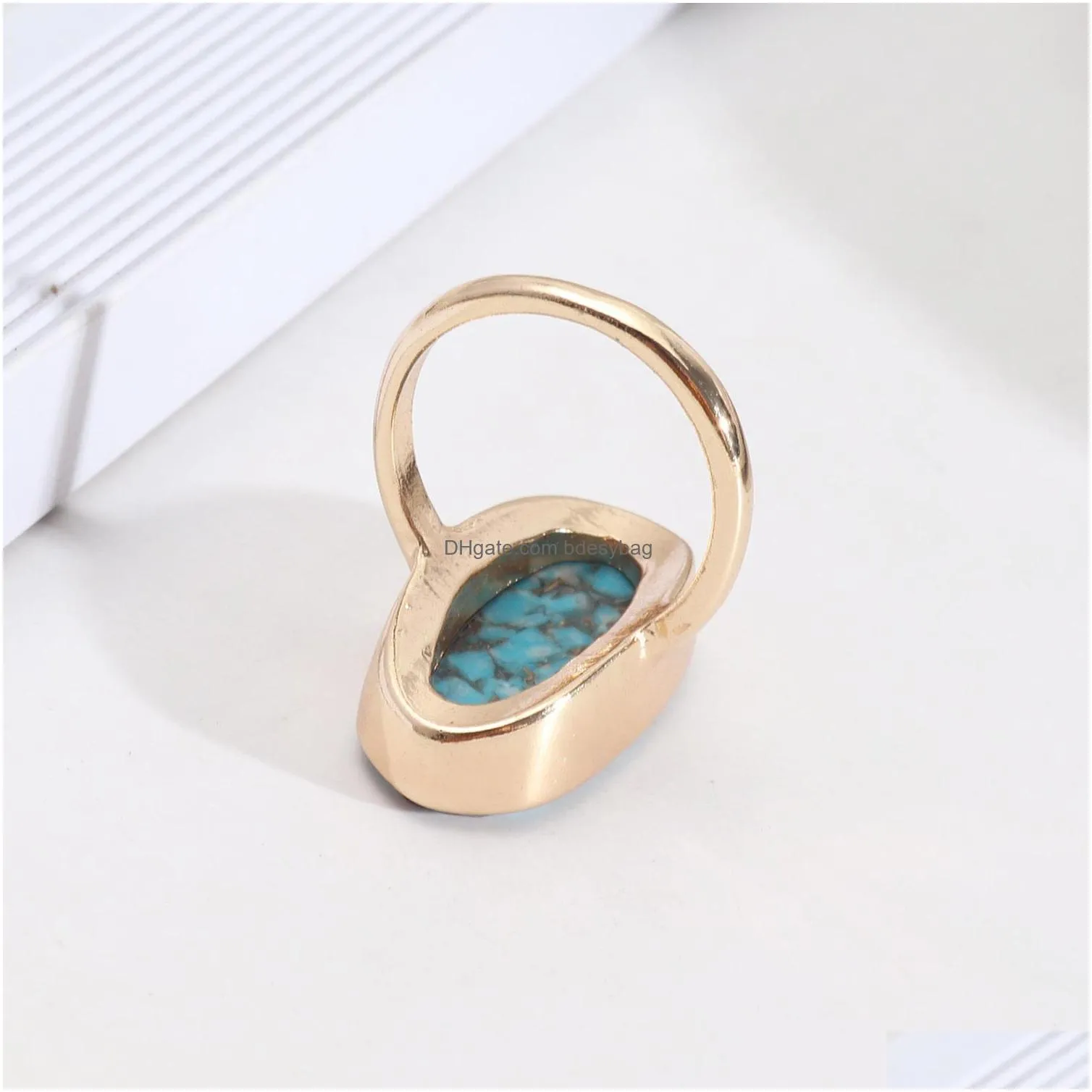 fashion oval hexagon turquoise kallaite healing crystal ring blue stone geometric gold plated finger rings for women jewelry gift