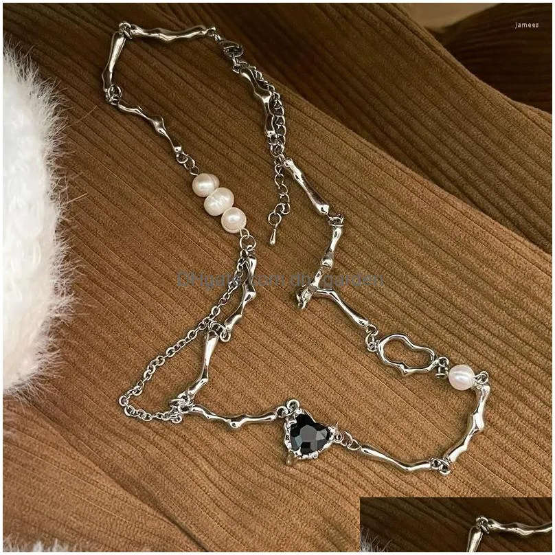 pendant necklaces black love heart necklace fashion pearl for women sweet cool silver color clavicle chain jewelry gift
