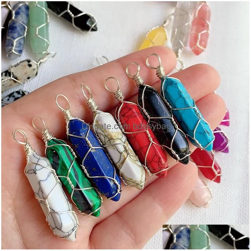 gold silver wire wrap chakra stone point pendulum pendant healing rose crystal reiki charms for necklace diy jewelry making amethyst