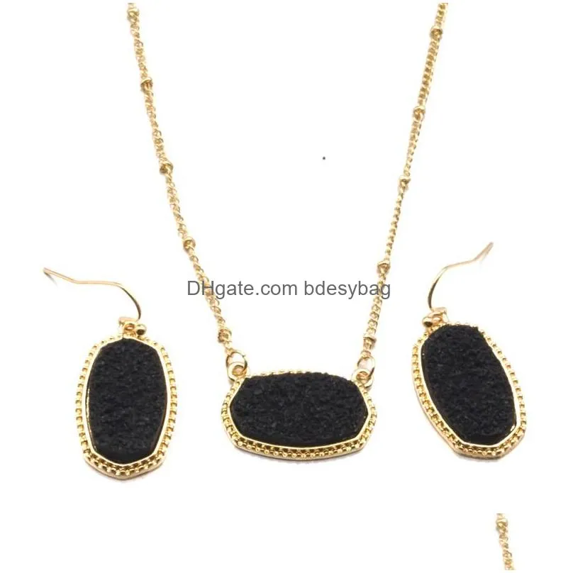 designer oval drusy druzy necklace dangle earrings jewelry set gold plated druse choker women wedding party mki