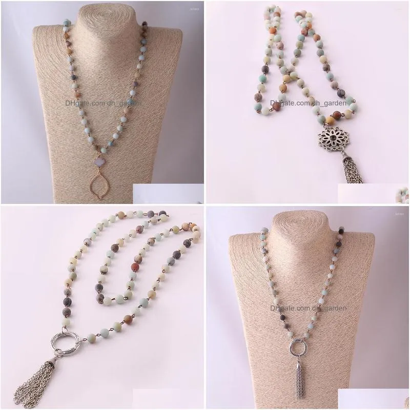 pendant necklaces fashion frosted amazonite stones rosary chain circle metal tassel mala necklace handmade women jewelry