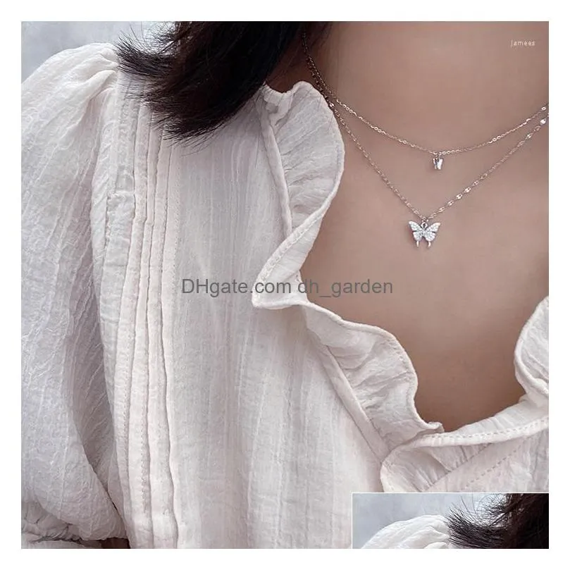 pendant necklaces women butterfly rhinestone necklace wedding party jewelry gift fashion exquisite double layer chain