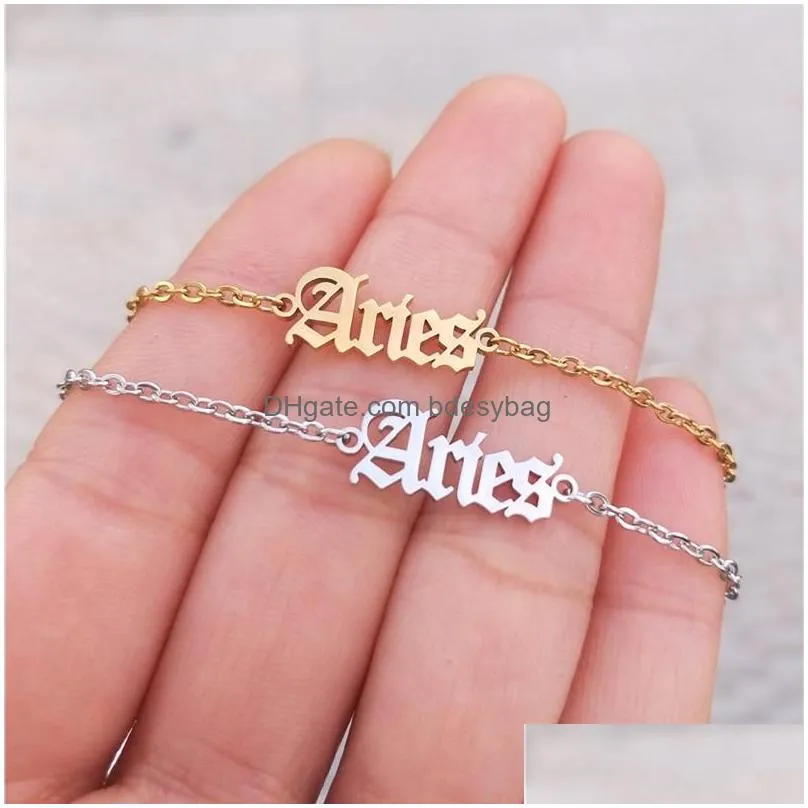 Zodiac Sign Punk Charm Gold Anklet With Name 12 Constellation