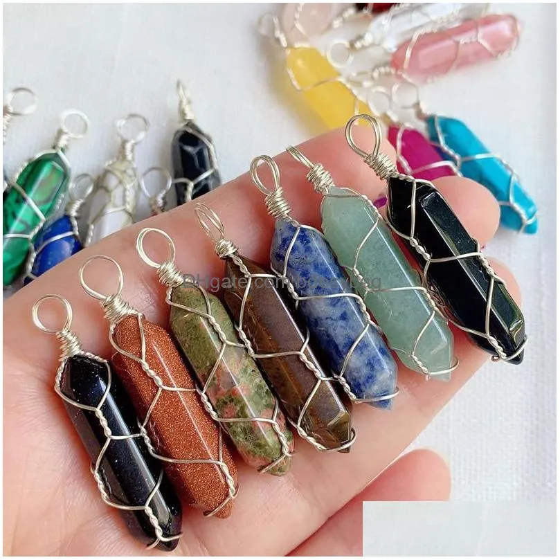 gold silver wire wrap chakra stone point pendulum pendant healing rose crystal reiki charms for necklace diy jewelry making amethyst