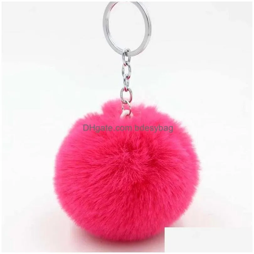 fluffy pom pom keychain soft faux rex rabbit fur ball car key rings pompom plush keychains silver keys holder women bag pendant